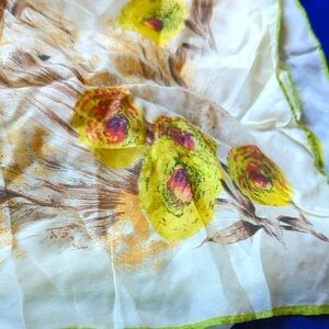 Vintage, Floral Silky Scarf with Yellow and Green Accents